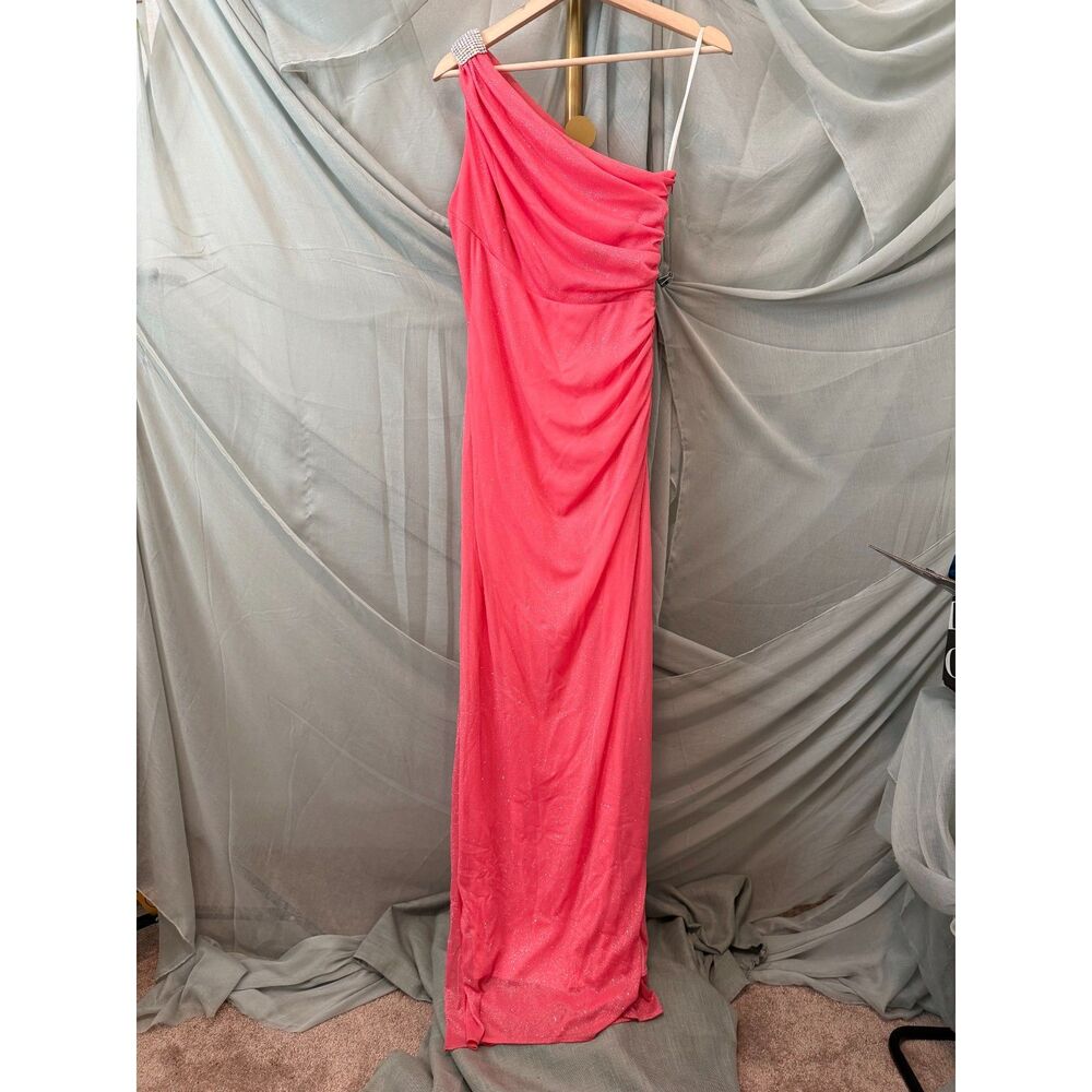 Betsy & Adam Salmon Sparkle Floor Length One Shoulder Strap Dress - Picture 2 of 8